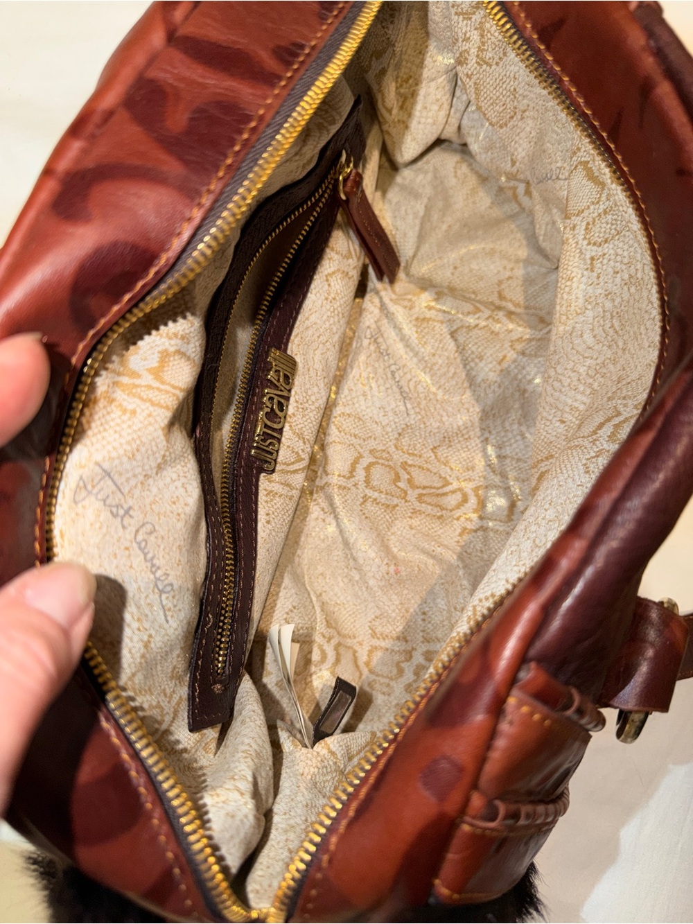 Just Cavalli Vintage brownLeather and Fur Accent Shoulder Bag with Gold Hardware - Picture 10 of 16